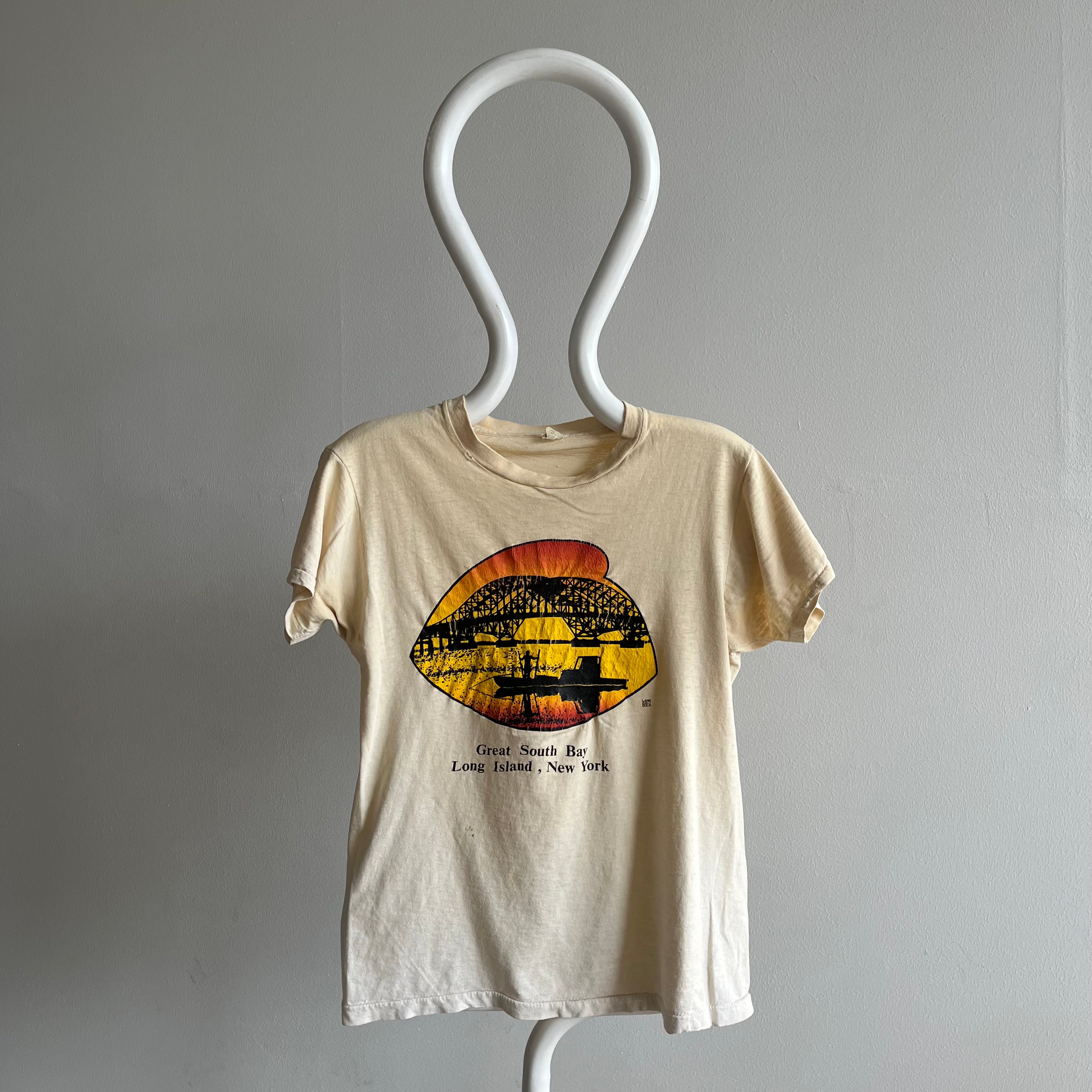 1980s Great South Bay, Long Island Aged Stained (Now Ecru) Almost Paper Thin T-Shirt