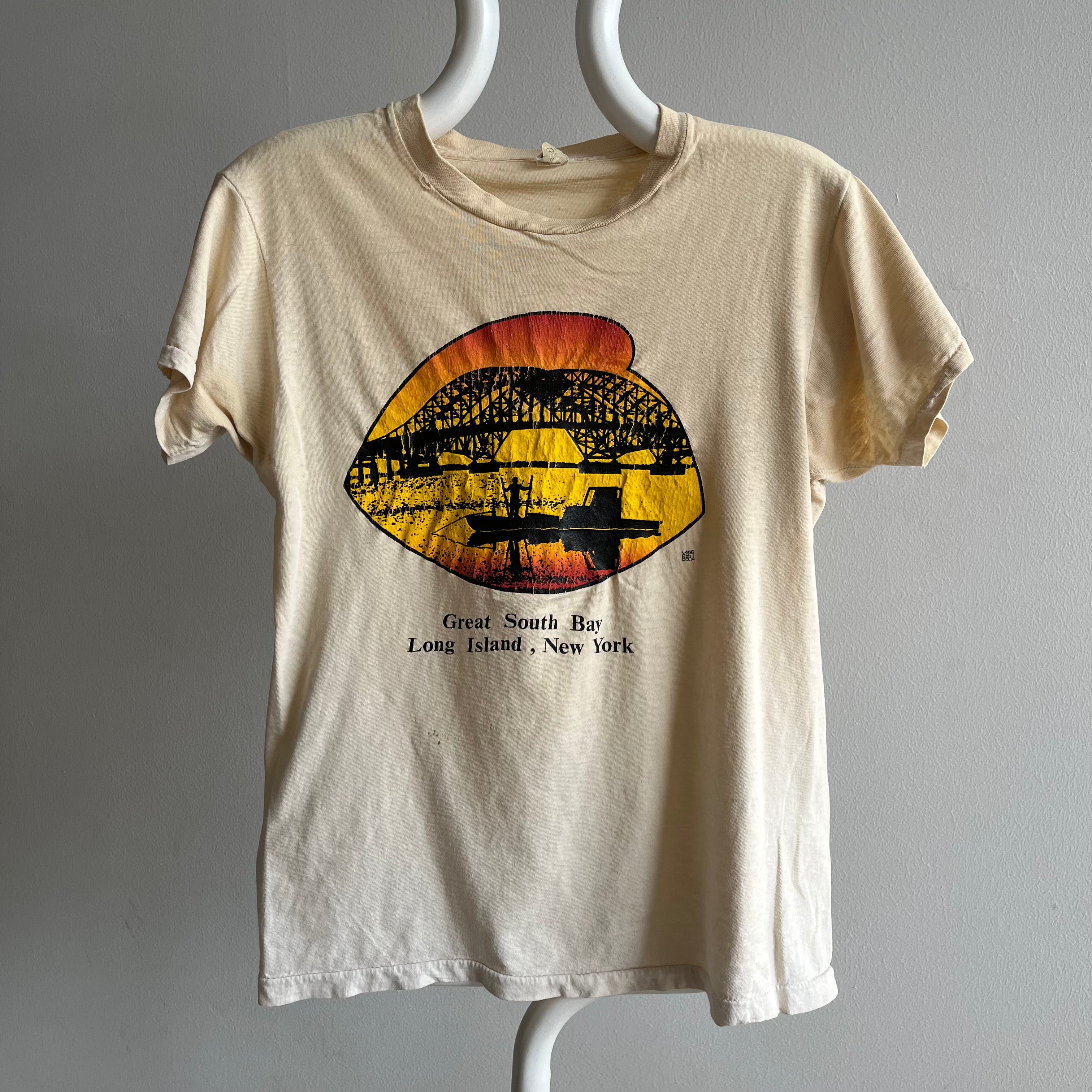 1980s Great South Bay, Long Island Aged Stained (Now Ecru) Almost Paper Thin T-Shirt