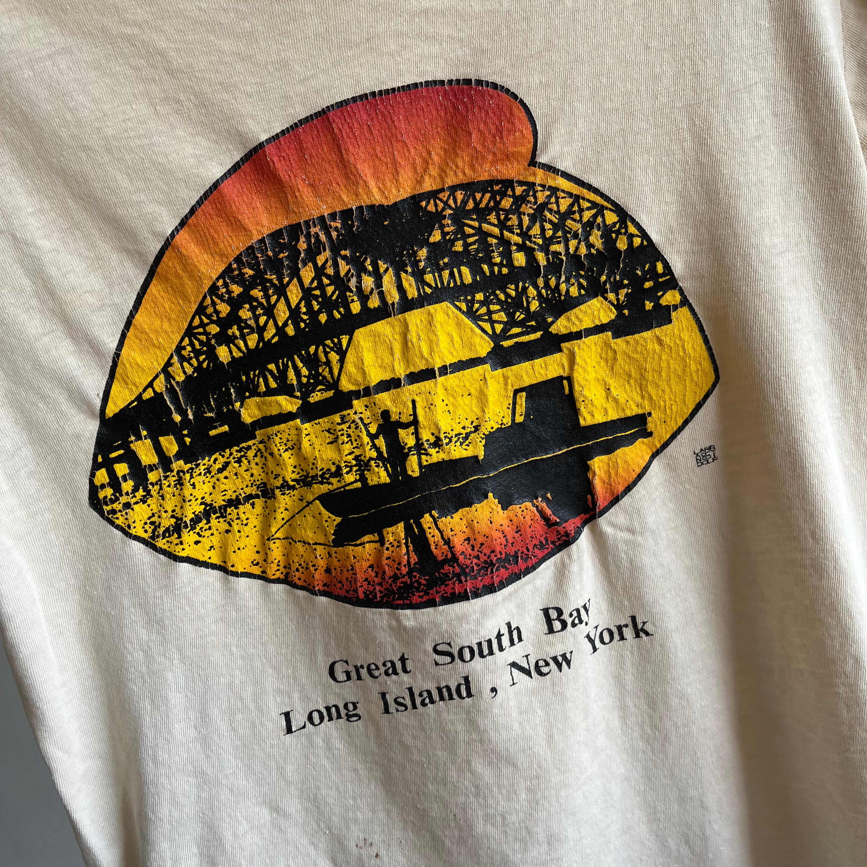 1980s Great South Bay, Long Island Aged Stained (Now Ecru) Almost Paper Thin T-Shirt