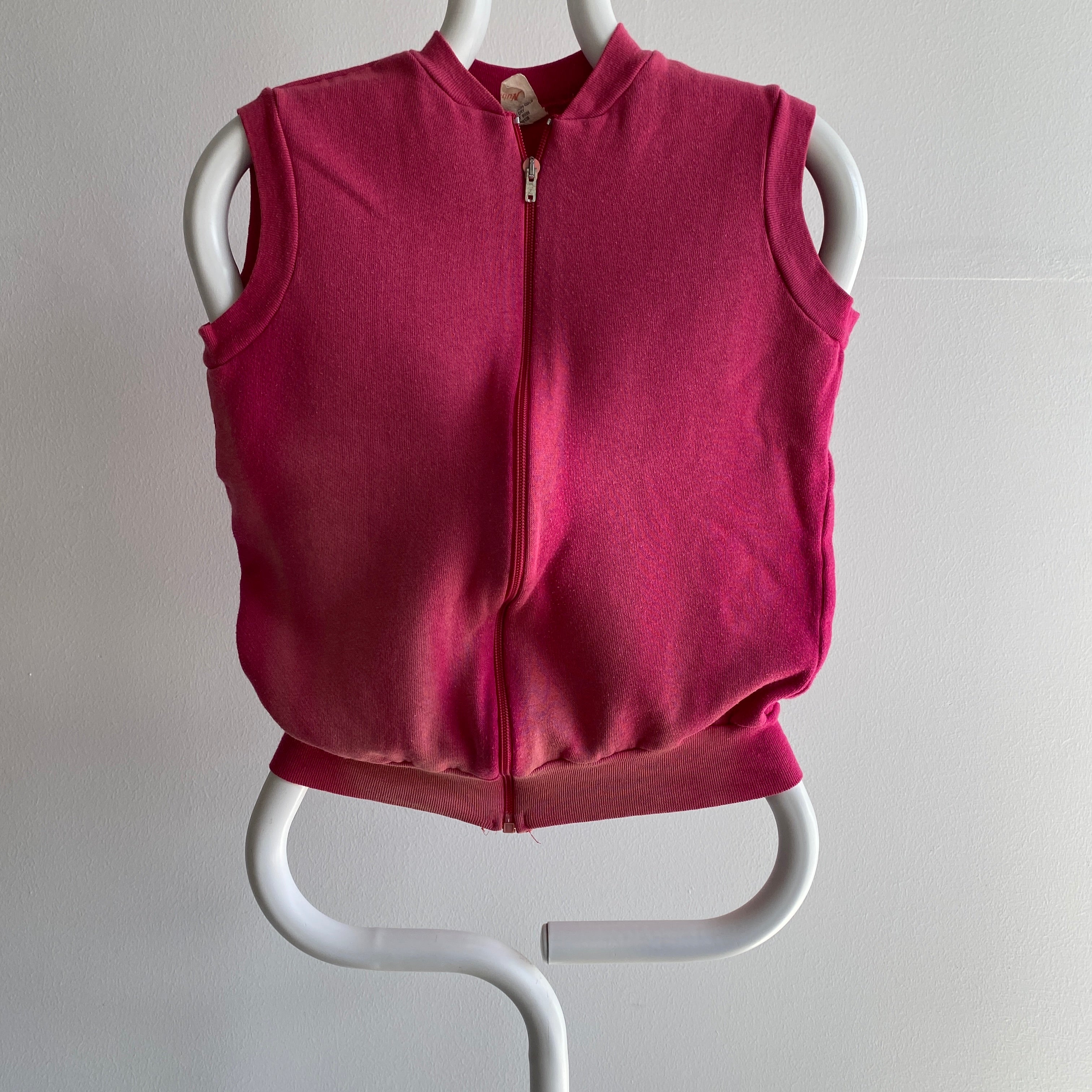 1970s SUPER COOL SUN FADE Zip Up Hot Pink Sweatshirt Warm Up Vest