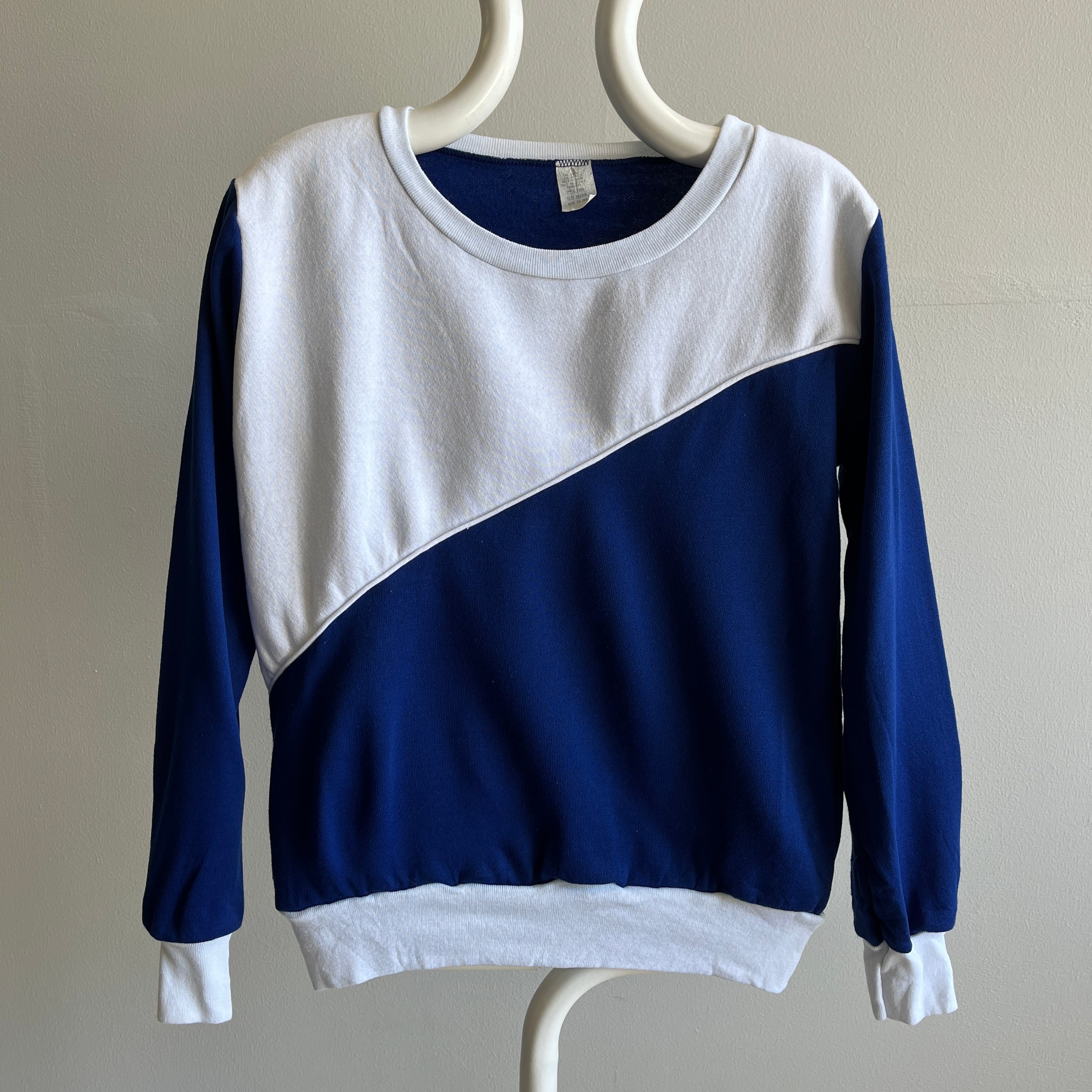 Sweat 1980s bleu marine et blanc color block