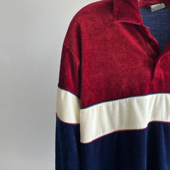 Polo/sweat-shirt en velours à blocs de couleurs des années 1980