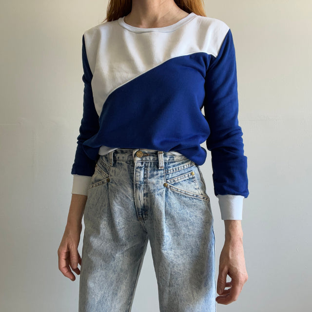 Sweat 1980s bleu marine et blanc color block