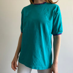 1980s FOTL Two Tone Teal and Purple Double Collar and Sleeve T-SHirt