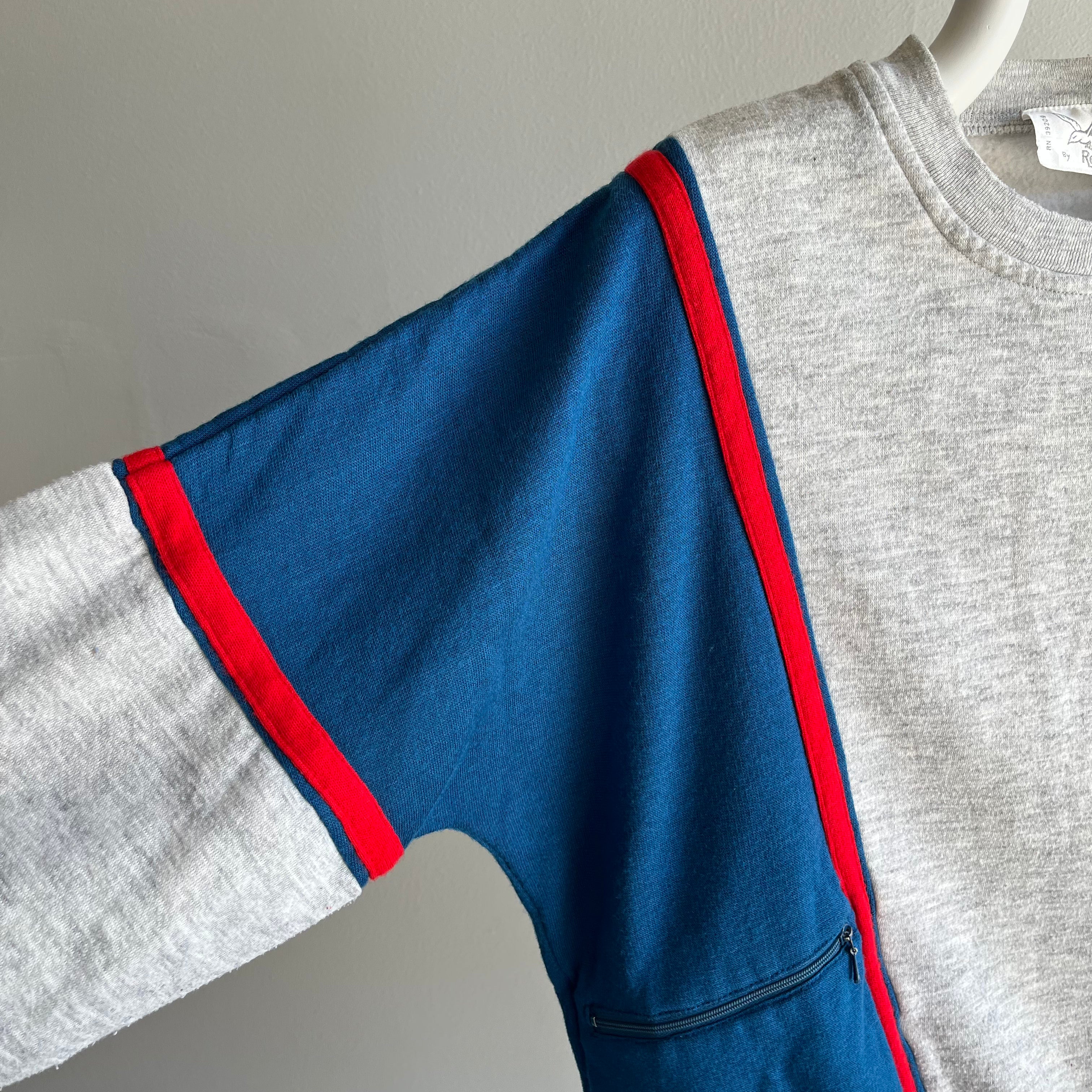 1980s Color Block Red, Gray and Blue Sweatshirt with Zip Pockets