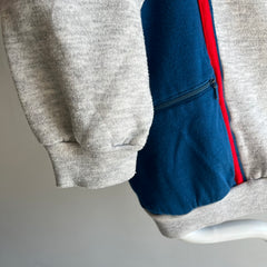 Sweat-shirt color block rouge, gris et bleu des années 1980 avec poches zippées