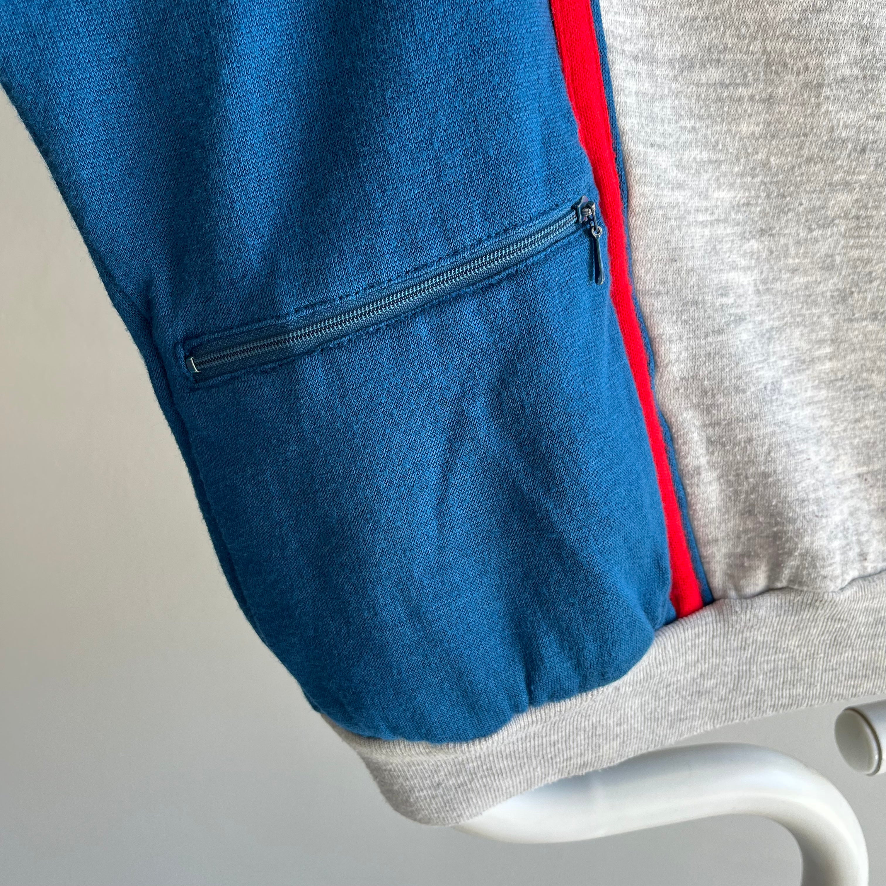 1980s Color Block Red, Gray and Blue Sweatshirt with Zip Pockets