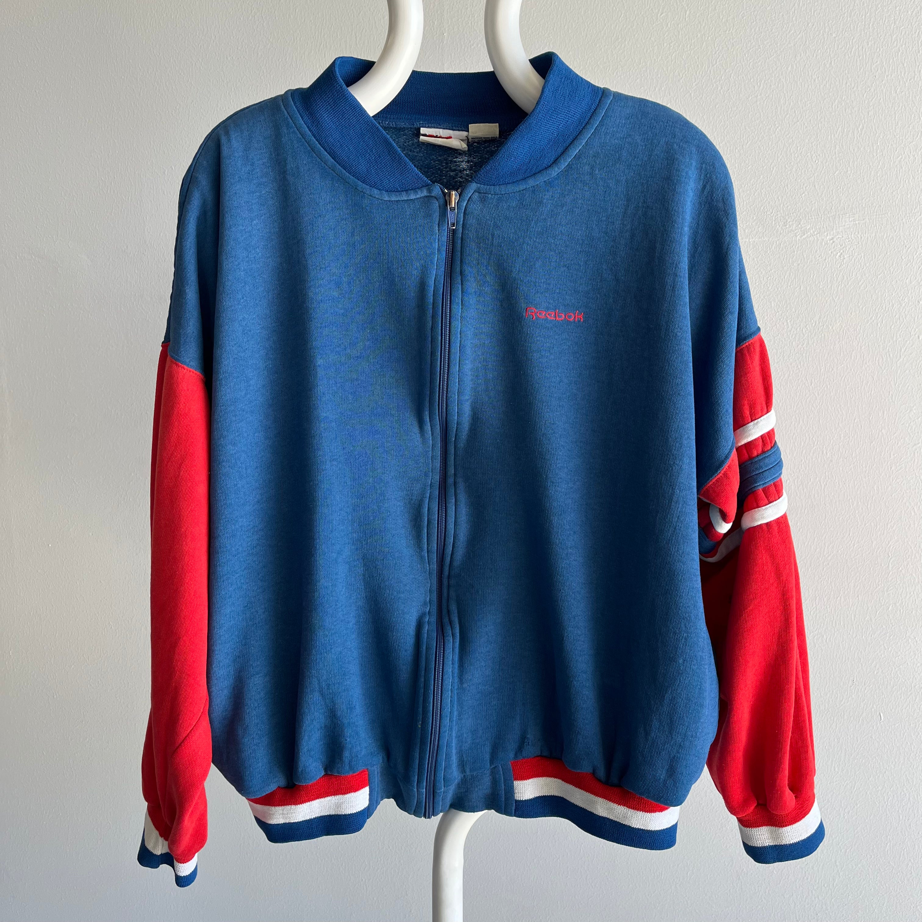 1990s Faded and Worn Reebok Color Block Zip Up