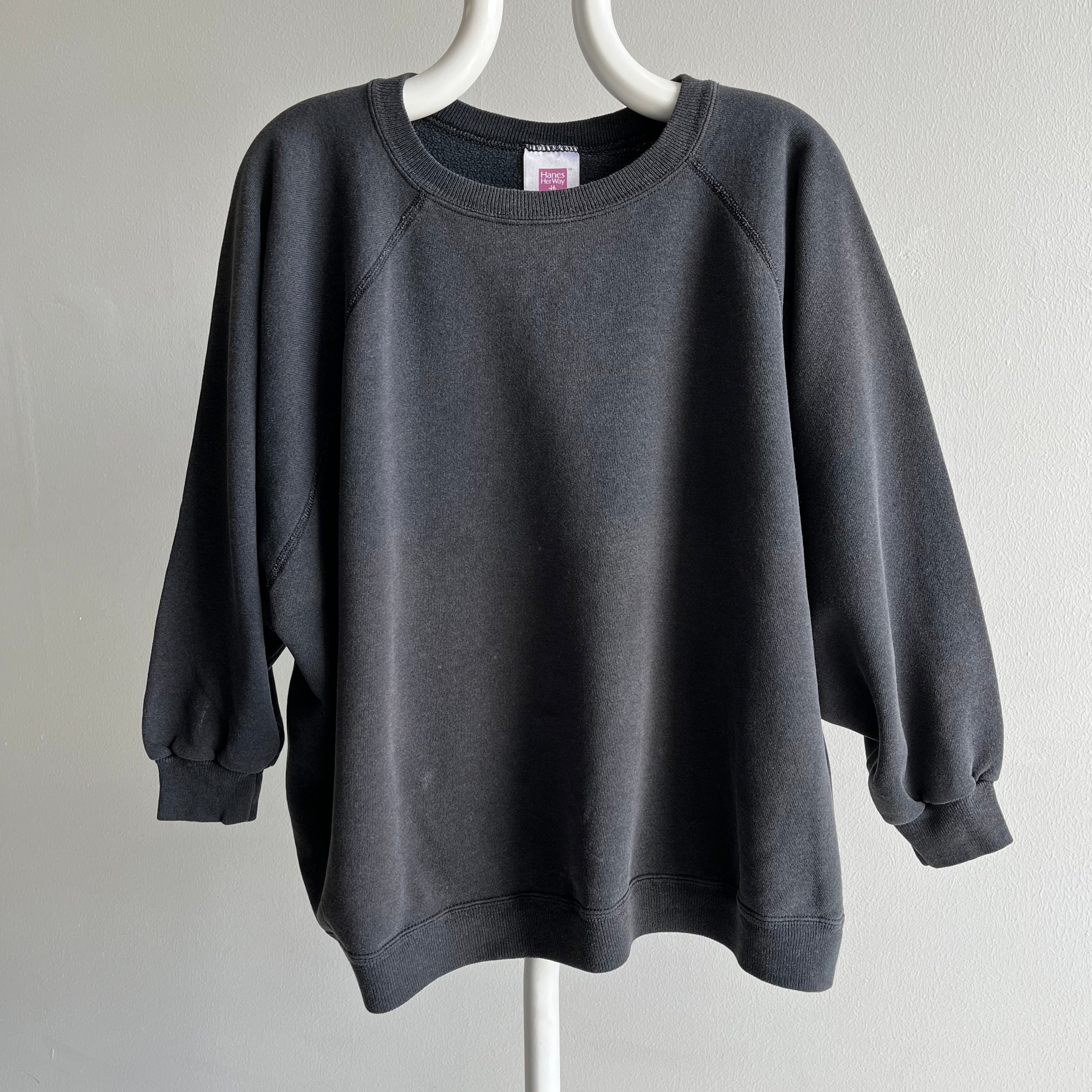 1990s Oversized 3/4 Sleeve Slouchy Faded Blank Black Raglan