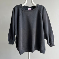 1990s Oversized 3/4 Sleeve Slouchy Faded Blank Black Raglan