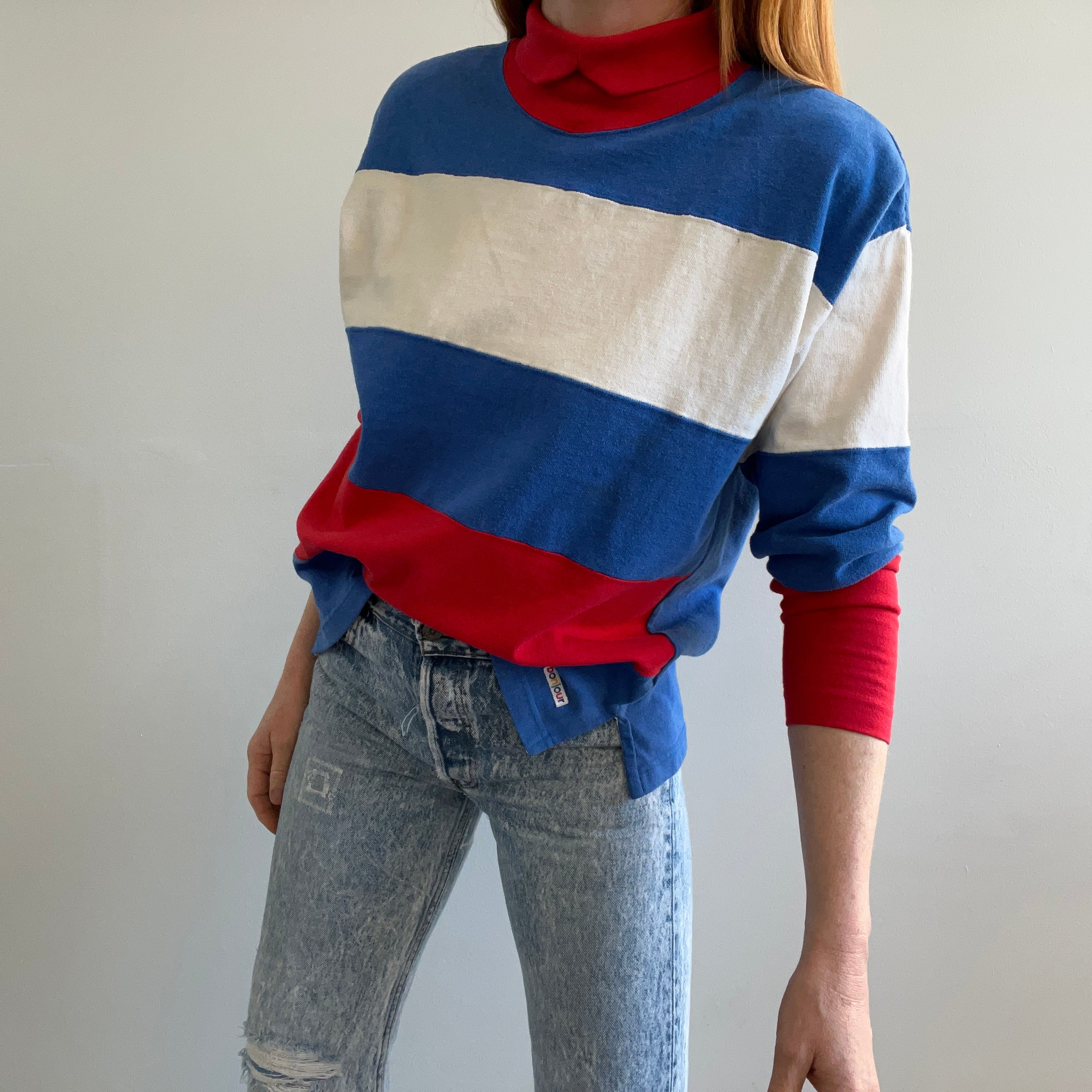 1980s Bonjour Brand Color Block Heavyweight Mock Neck Long Sleeve Shirt - Shoulder Pads!