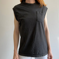 1980s Faded Black Thrashed Cotton Muscle Tank