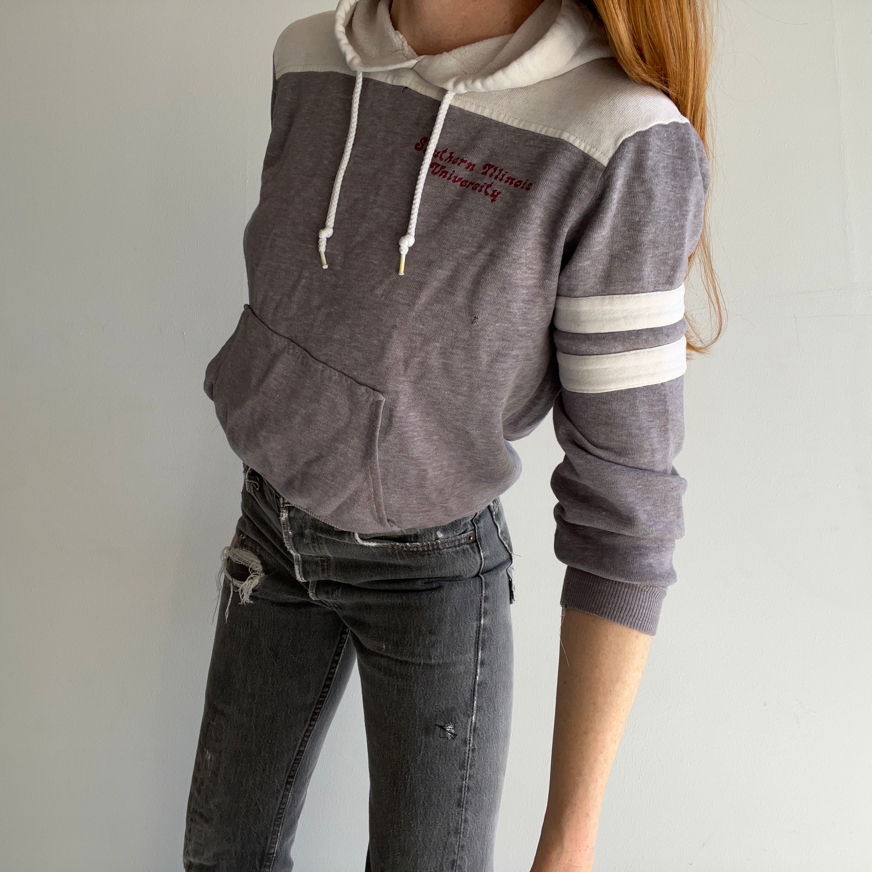 1970s Soft, Thin Slouchy Southern Illinois University Color Block Hoodie