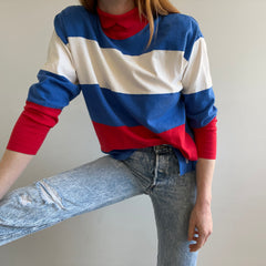 1980s Bonjour Brand Color Block Heavyweight Mock Neck Long Sleeve Shirt - Shoulder Pads!