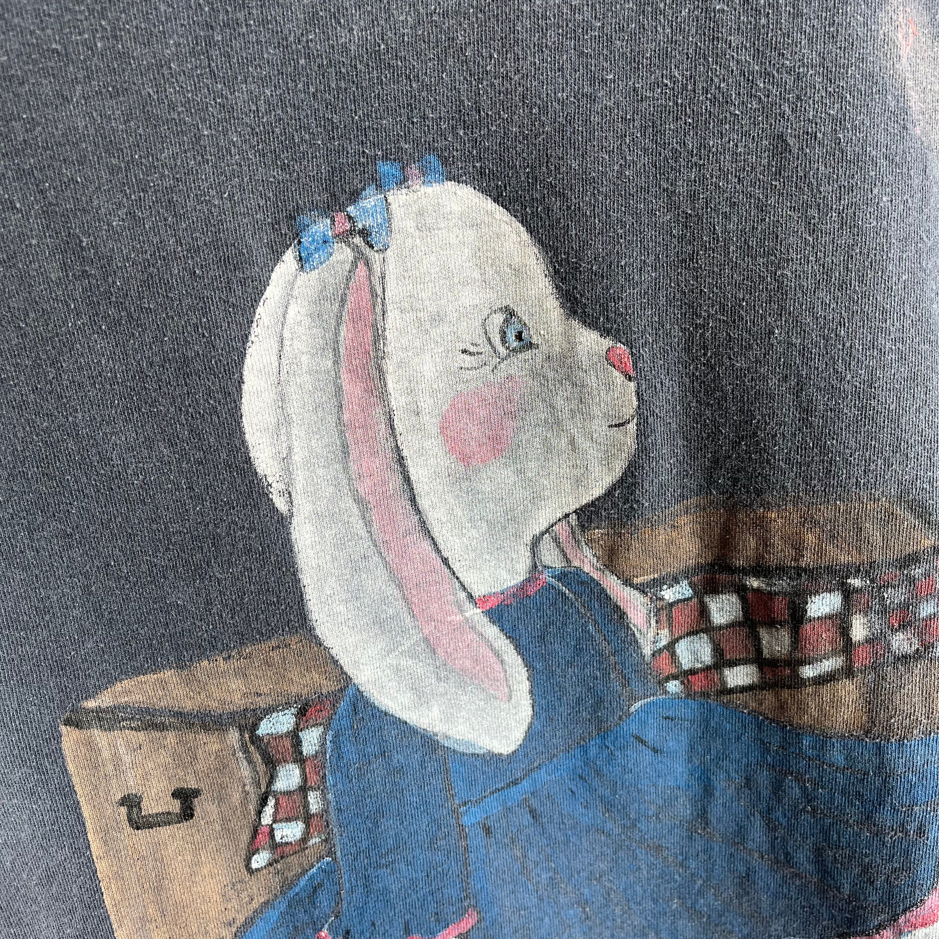 1990s Really Creepy Hand Painted Bunny in a Dress T-Shirt