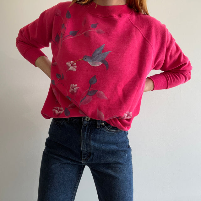 1980s DIY Painted Hummingbird and Flower Sweatshirt