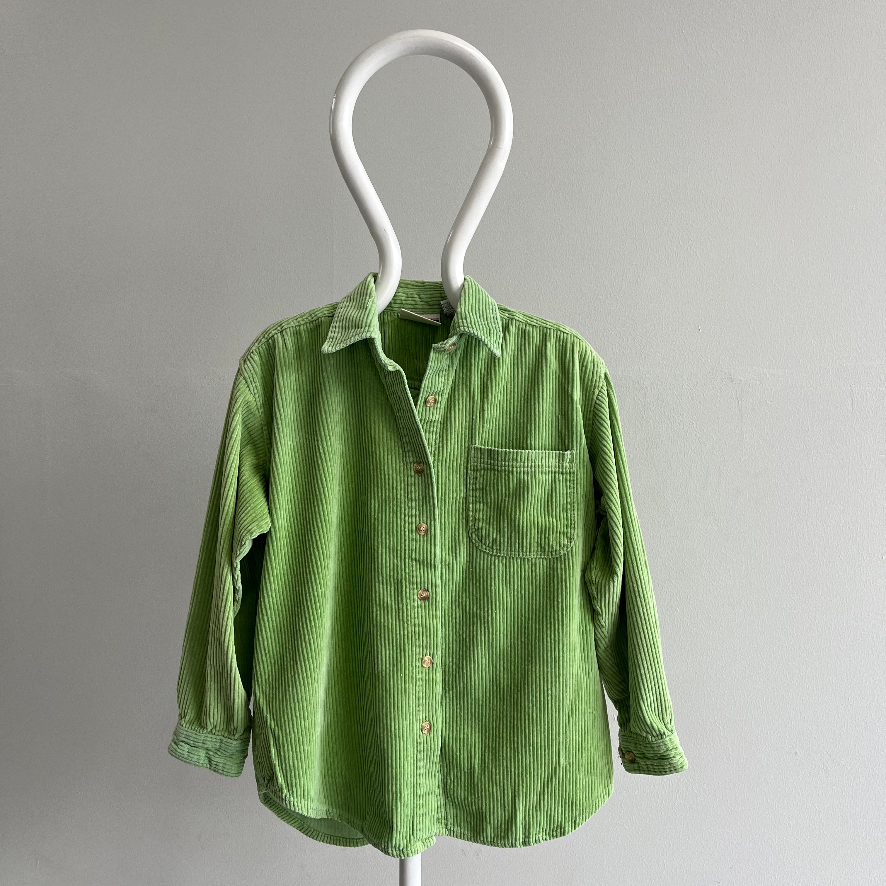 1990s Bill Blass Wide Whale Corduroy Lime Green Flannel Style Shirt - WOWZA