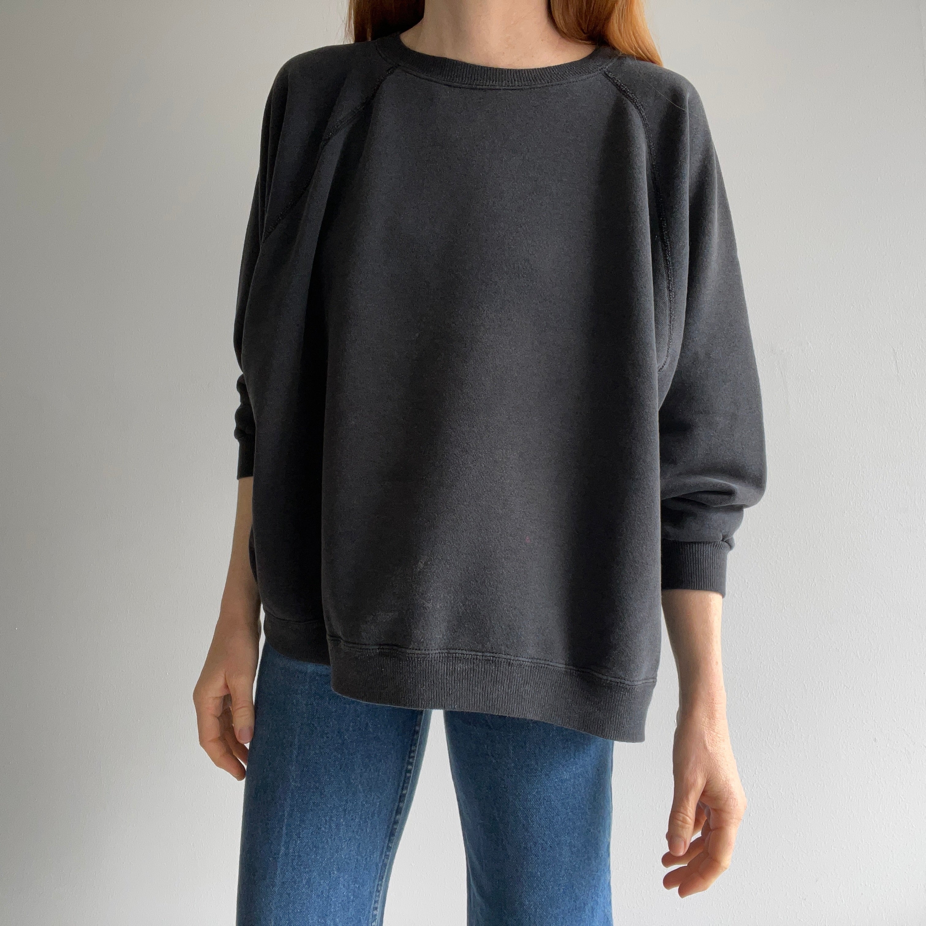 1990s Oversized 3/4 Sleeve Slouchy Faded Blank Black Raglan