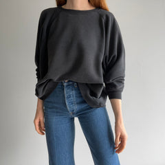 1990s Oversized 3/4 Sleeve Slouchy Faded Blank Black Raglan