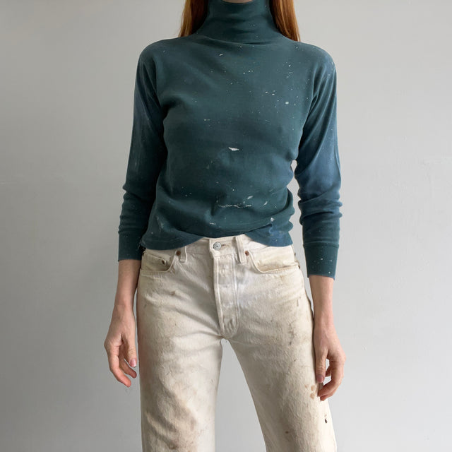 1970s SUPER Paint Stained Smaller Forest Green Cotton Turtleneck