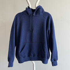 1980s Blank USA Made Navy Pullover Hoodie with Mending by Bassett Walker