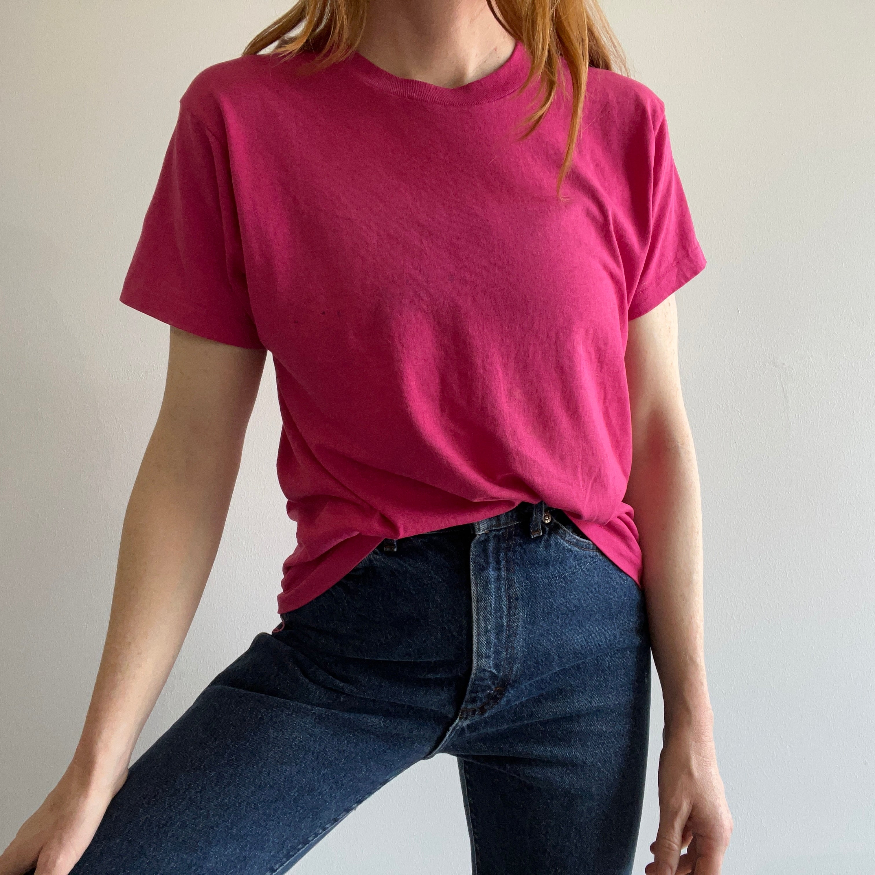 1980s Screen Stars Stained, Thin and Soft Hot Pink/Magenta 50/50 Silky Soft T-Shirt