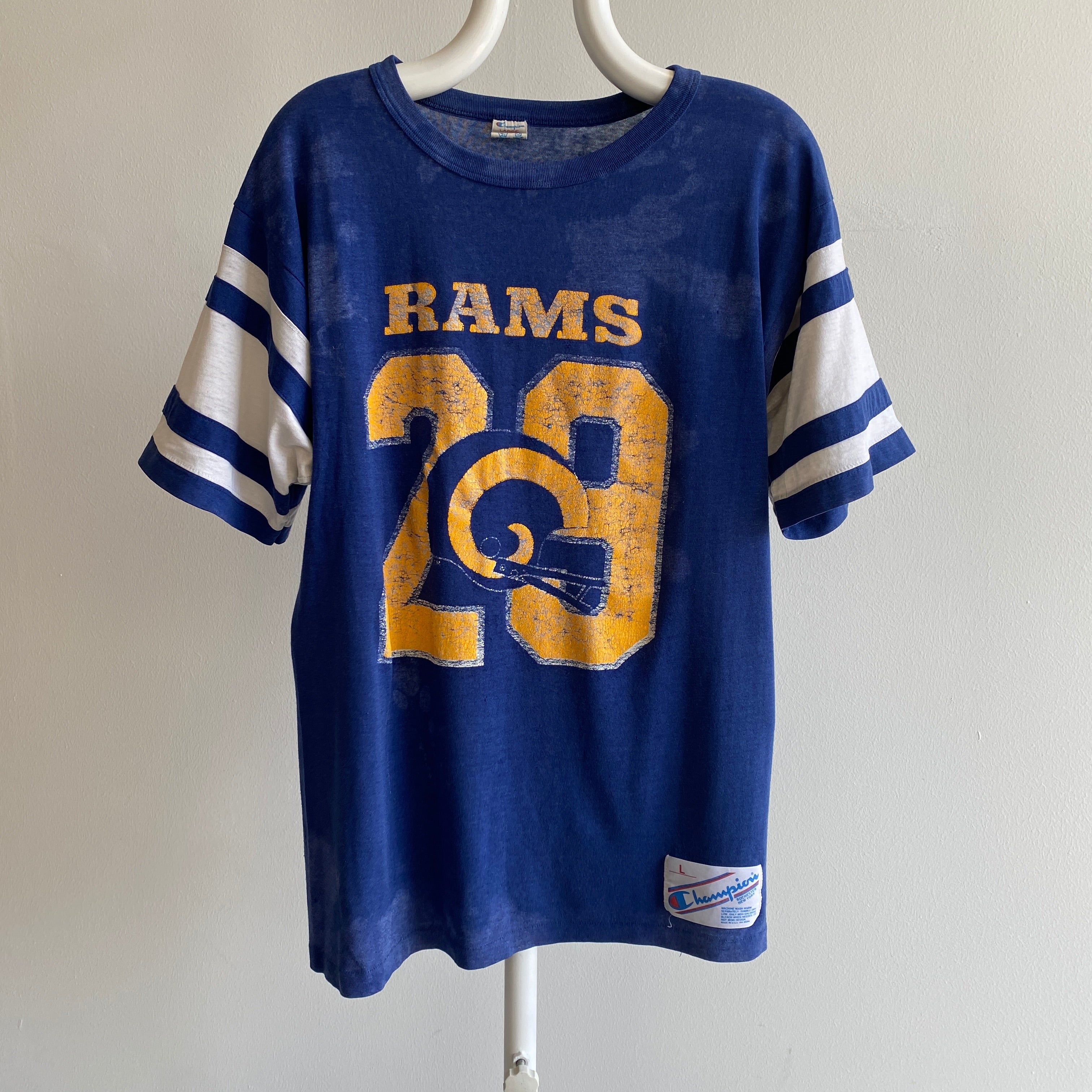 1980s Eric Dickerson No 29 Retired Number Los Angeles Rams by Champion Super Thin Football T-Shirt