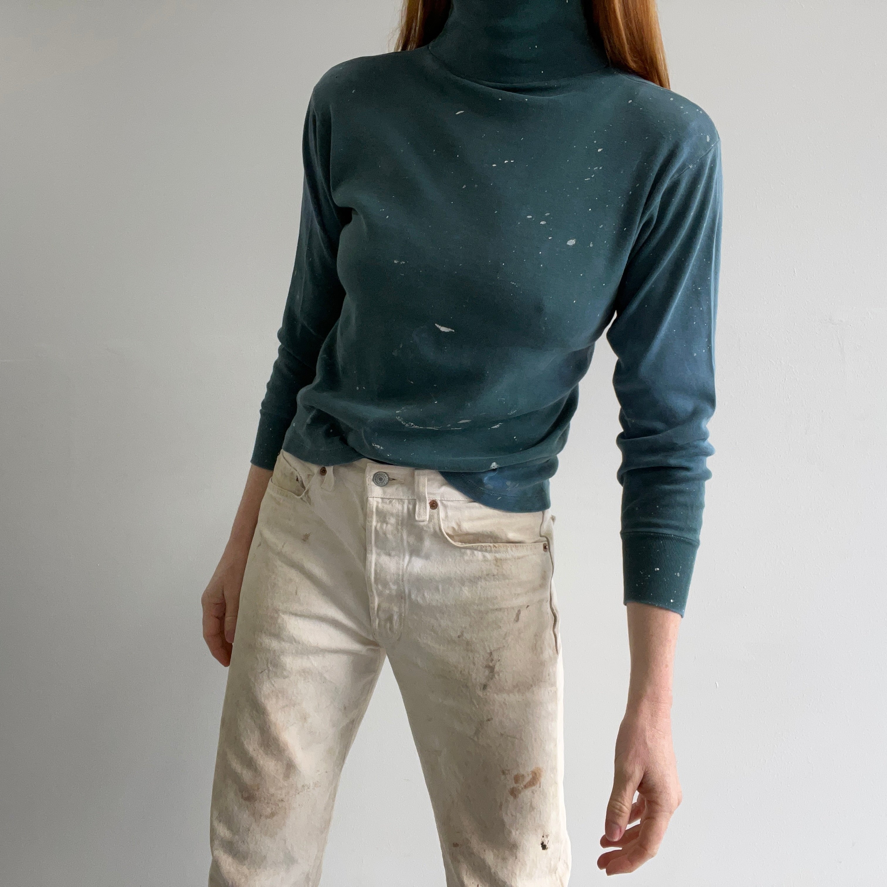 1970s SUPER Paint Stained Smaller Forest Green Cotton Turtleneck