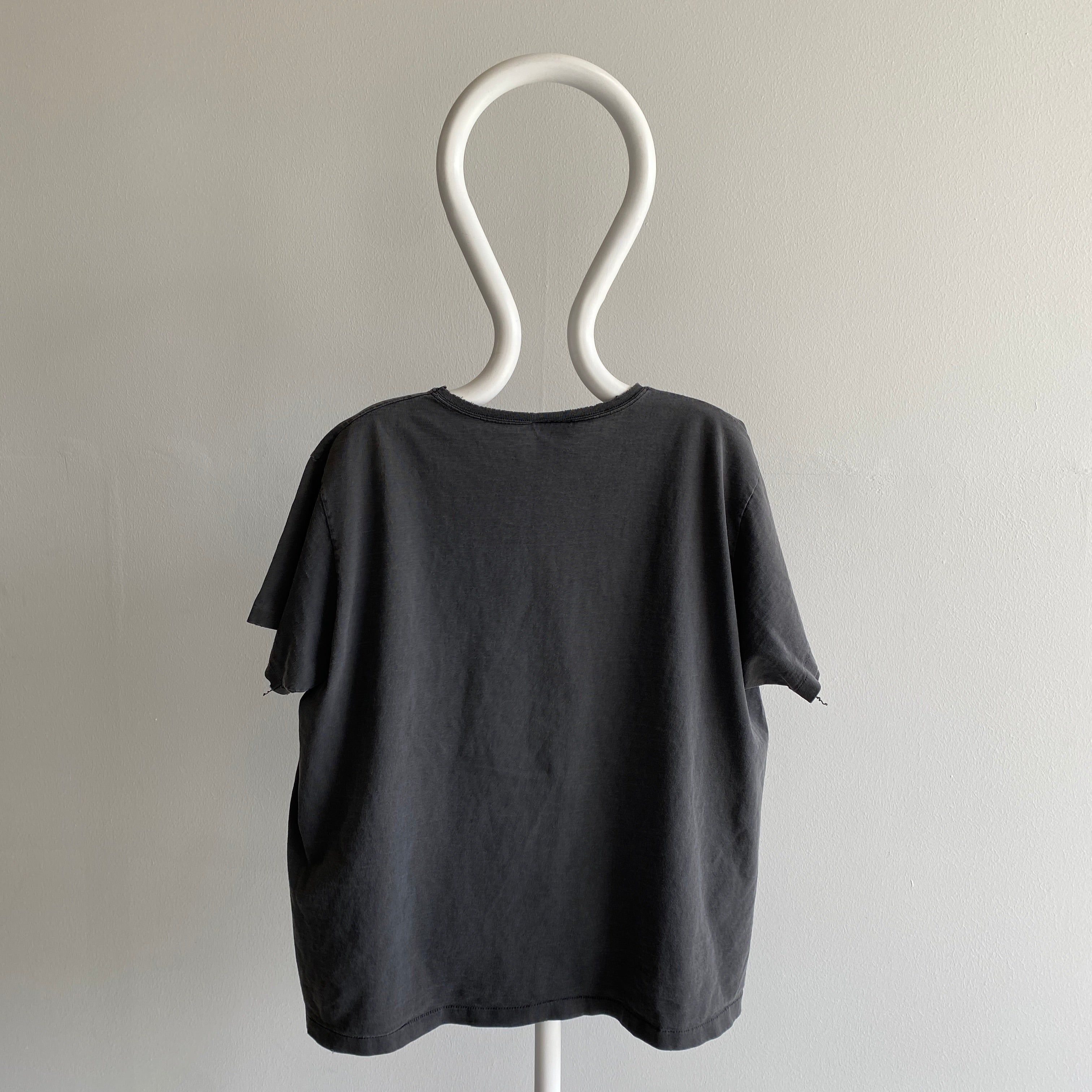 1990s Hanes Her Way Boxy Faded Super Stained Thin Collared Cotton Blank Black To Gray T-Shirt