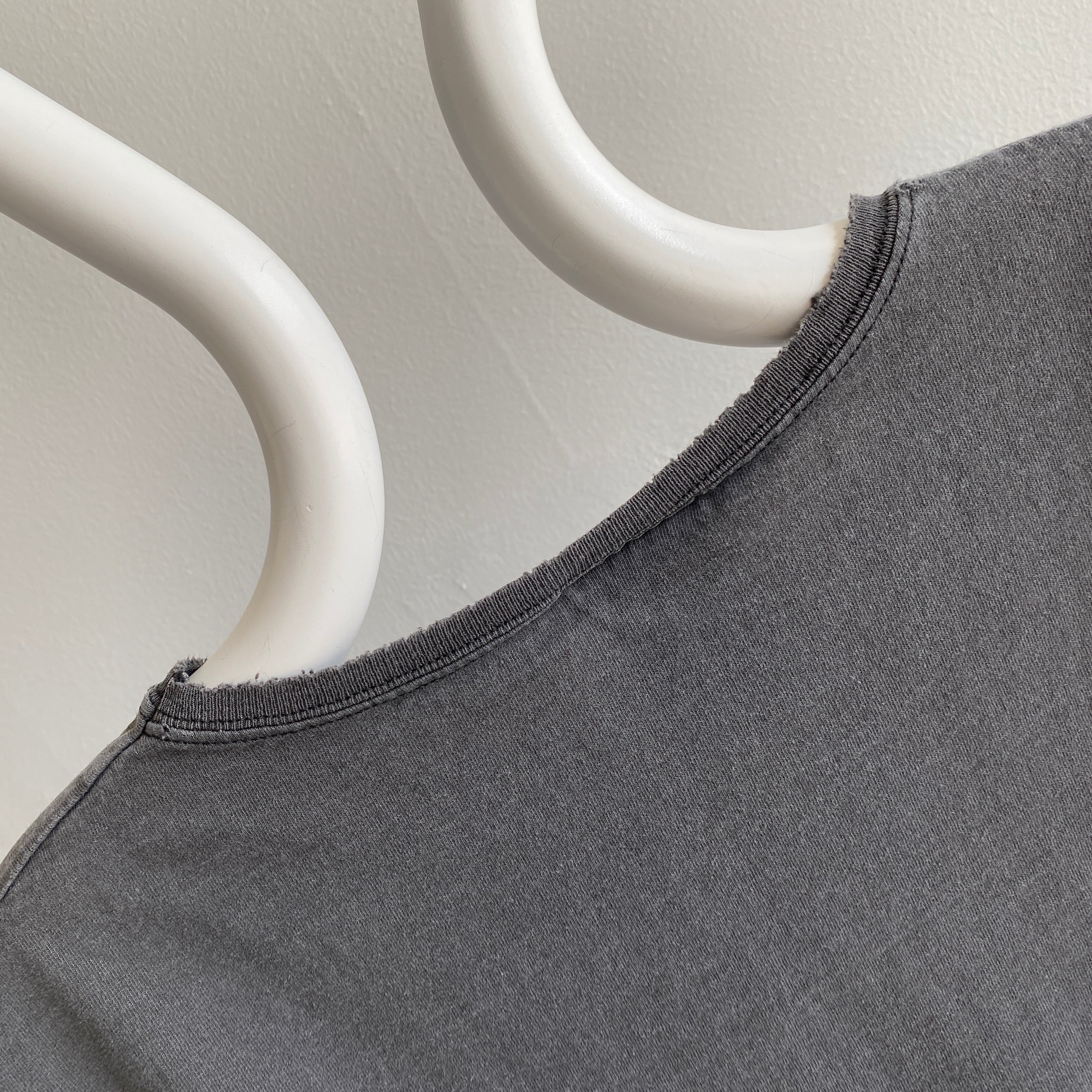1990s Hanes Her Way Boxy Faded Super Stained Thin Collared Cotton Blank Black To Gray T-Shirt