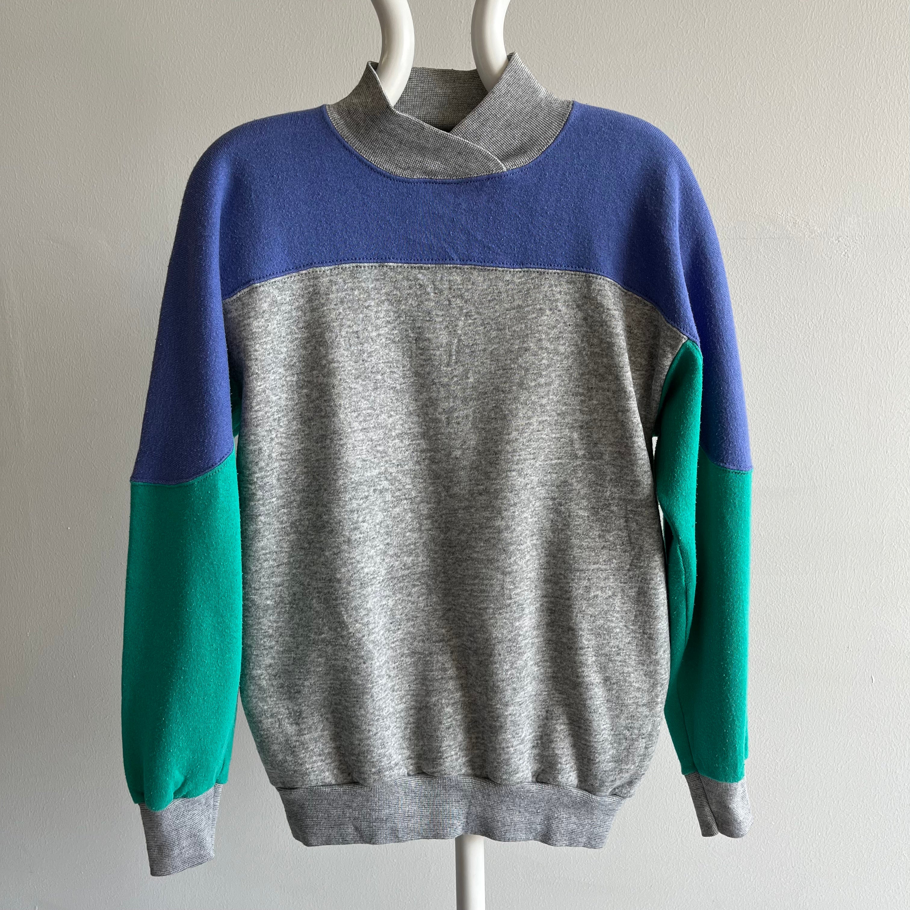 1980s Color Block Mock Neck Soft and Cozy Sweatshirt