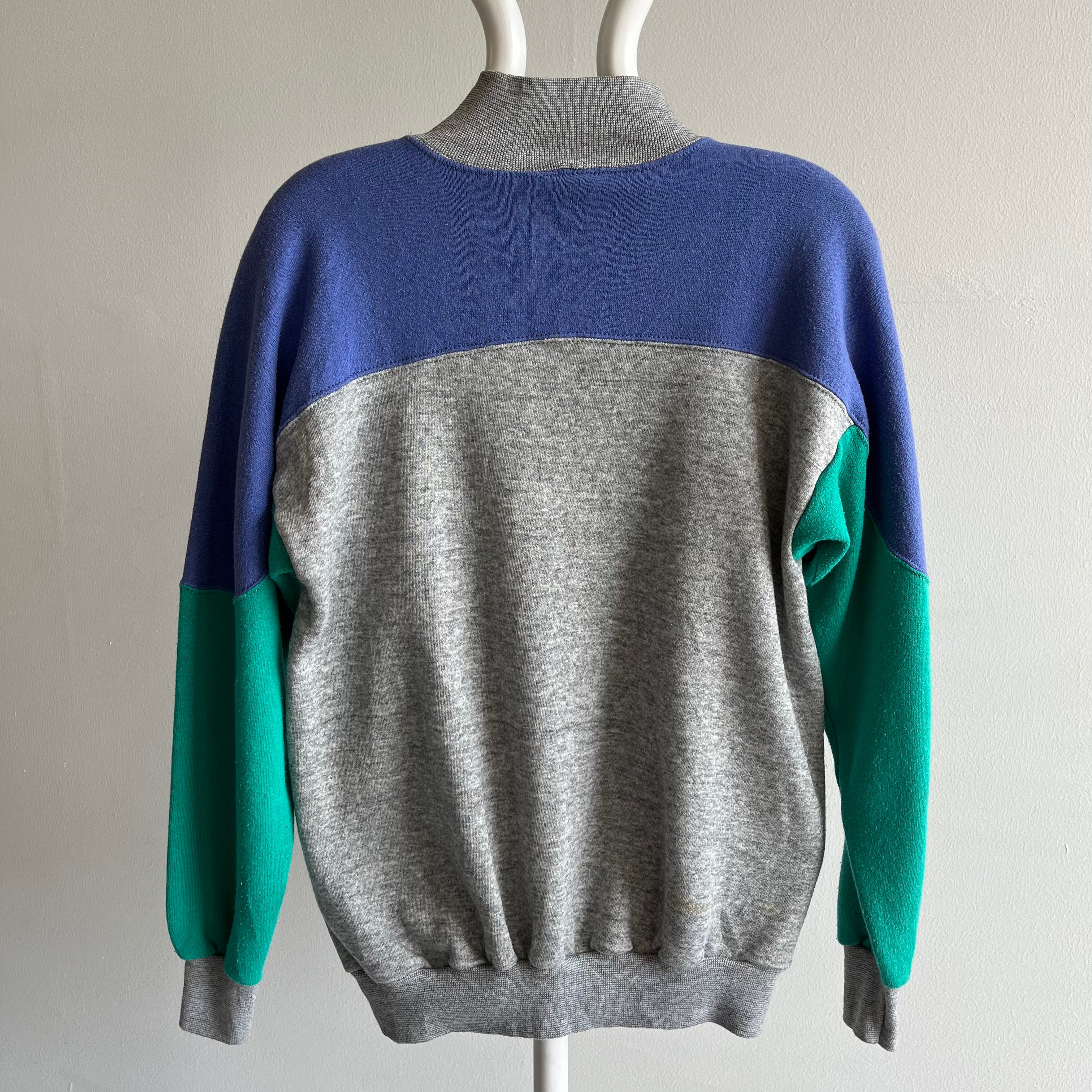 1980s Color Block Mock Neck Soft and Cozy Sweatshirt