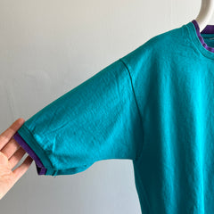 1980s FOTL Two Tone Teal and Purple Double Collar and Sleeve T-SHirt