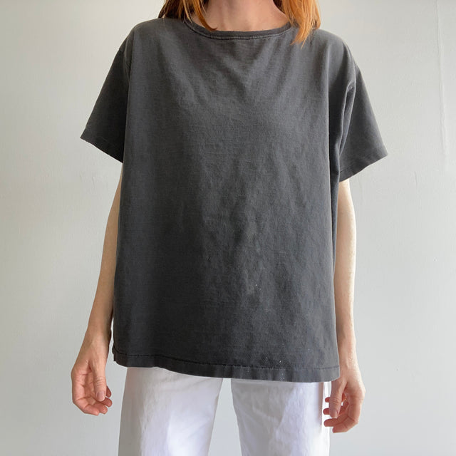 1990s Hanes Her Way Boxy Faded Super Stained Thin Collared Cotton Blank Black To Grey T-Shirt