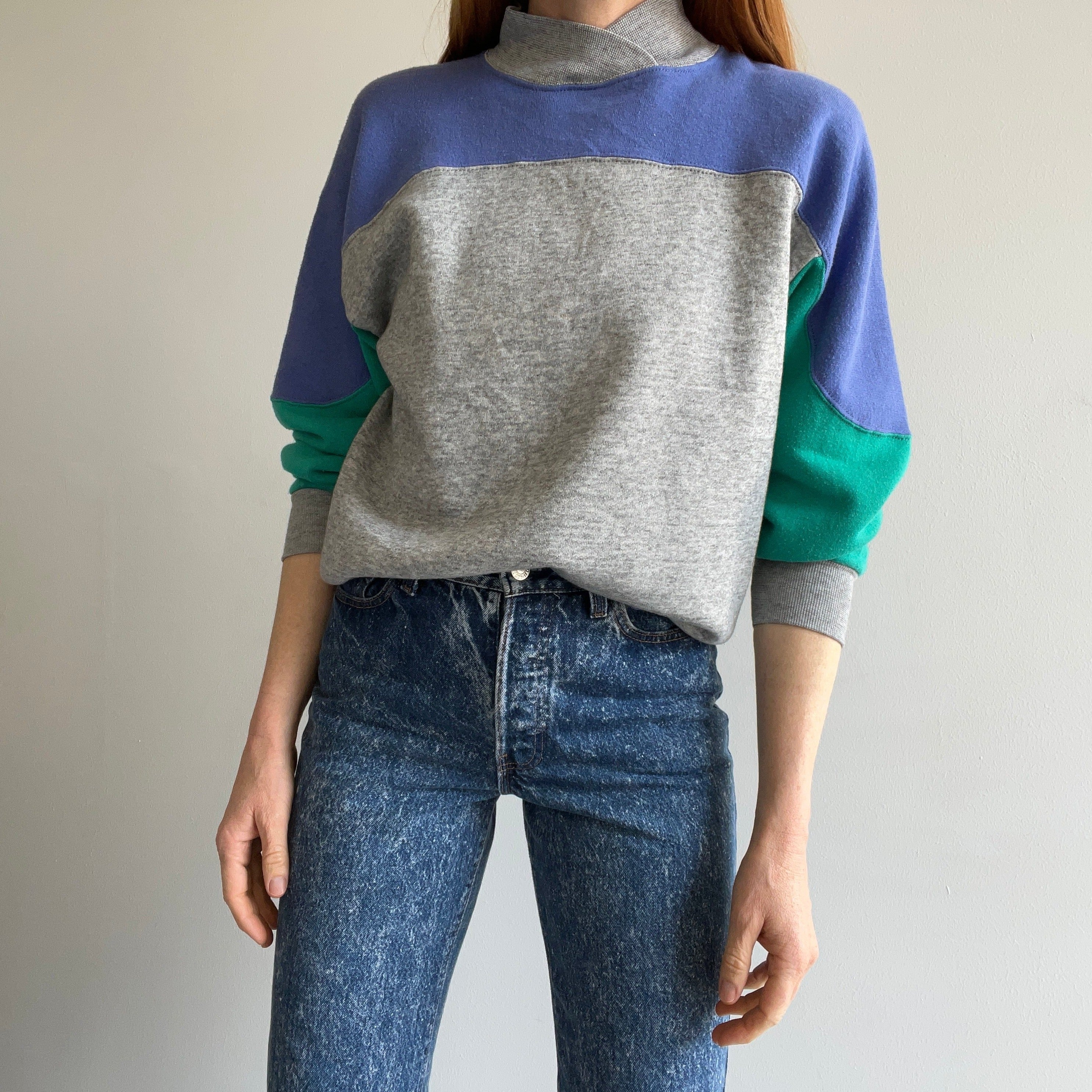 1980s Color Block Mock Neck Soft and Cozy Sweatshirt