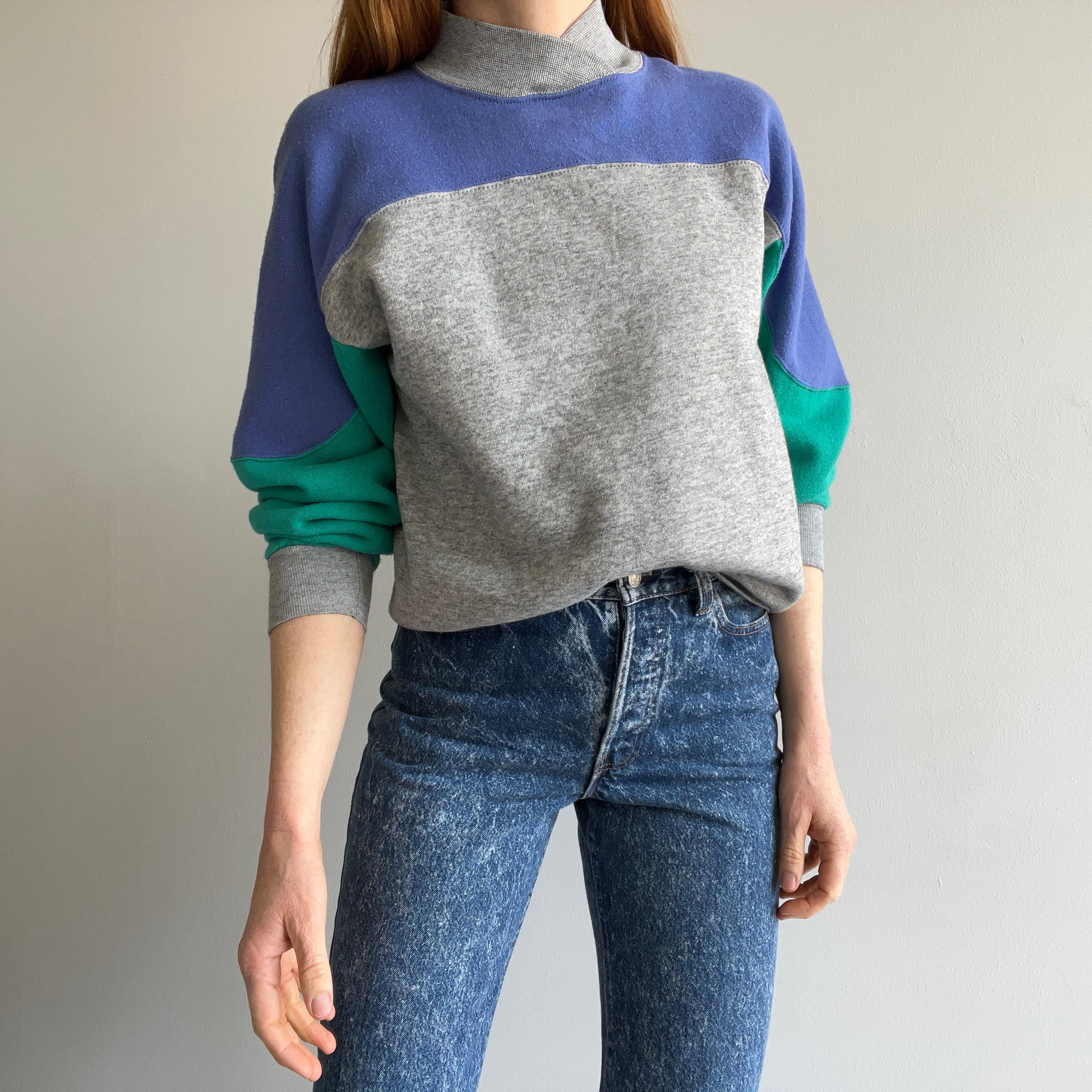 1980s Color Block Mock Neck Soft and Cozy Sweatshirt