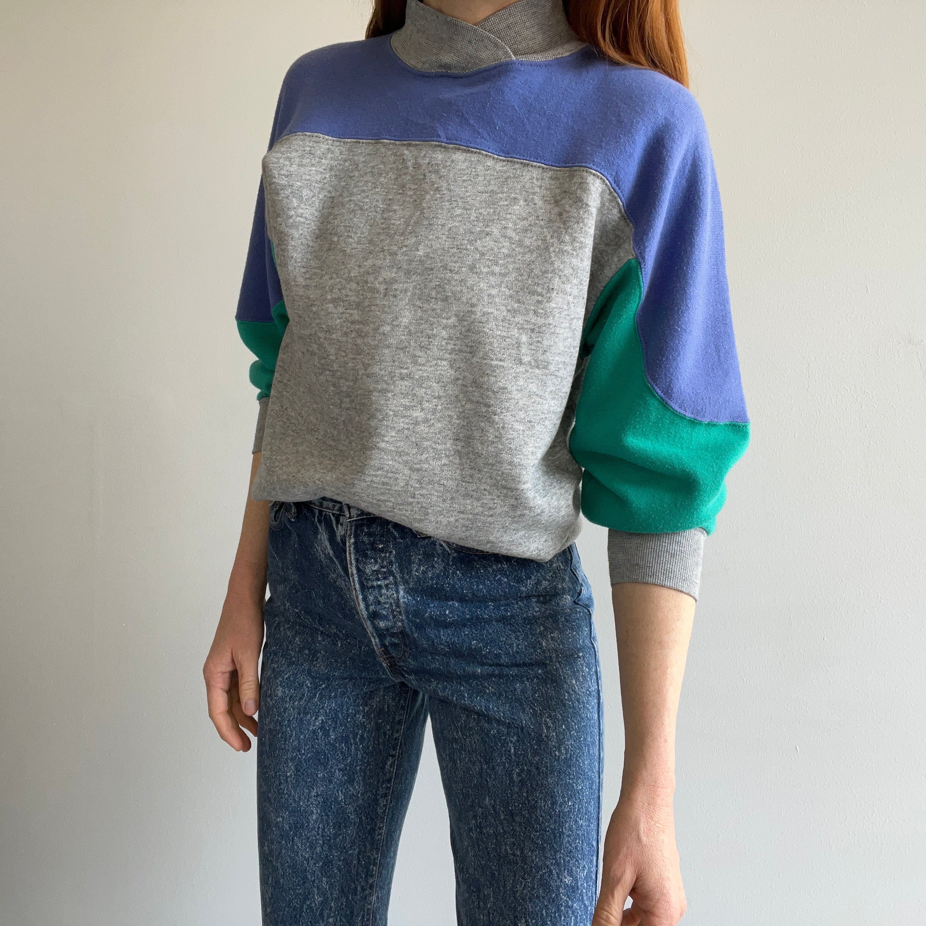 1980s Color Block Mock Neck Soft and Cozy Sweatshirt