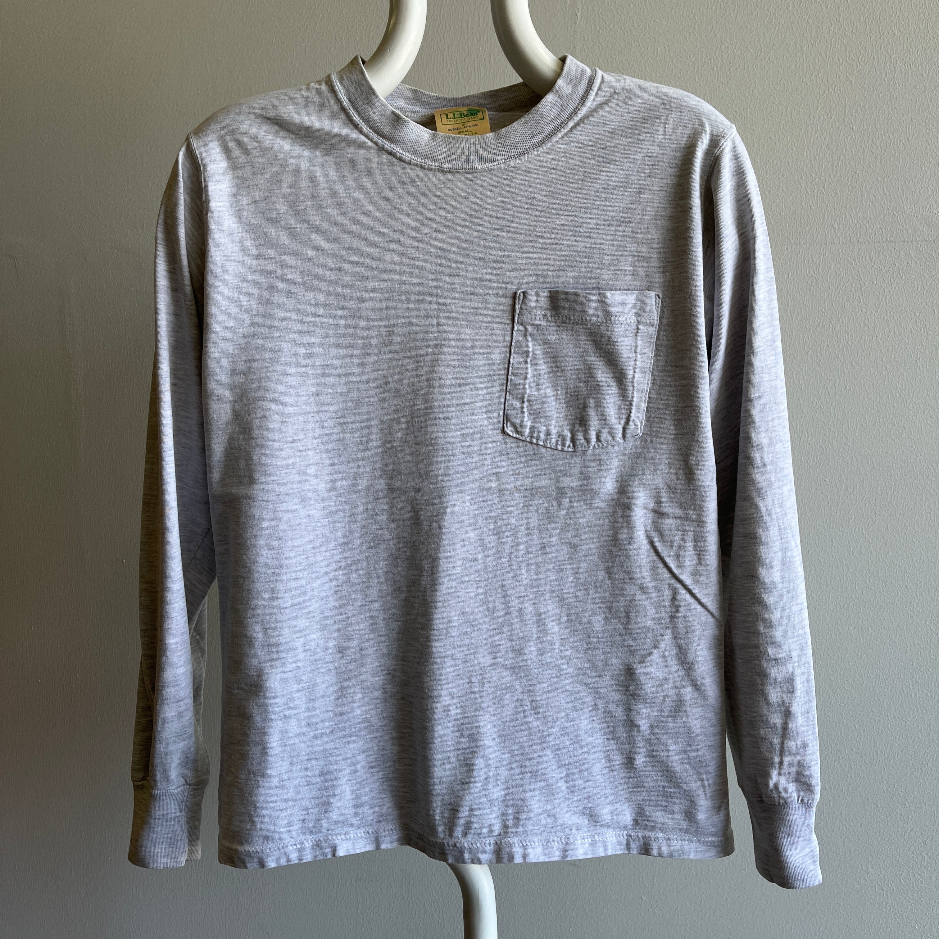 GG 1990s LL Bean x Russell Brand Smaller Light Gray Long Sleeve Cotton T-Shirt - Pit Marks