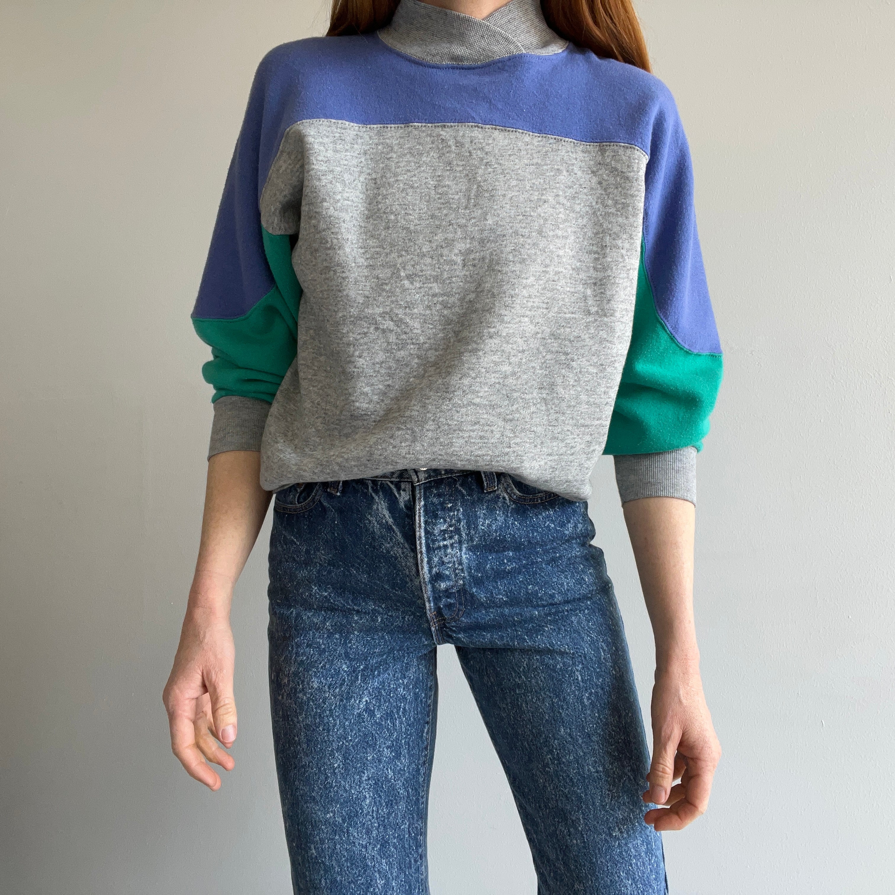 1980s Color Block Mock Neck Soft and Cozy Sweatshirt