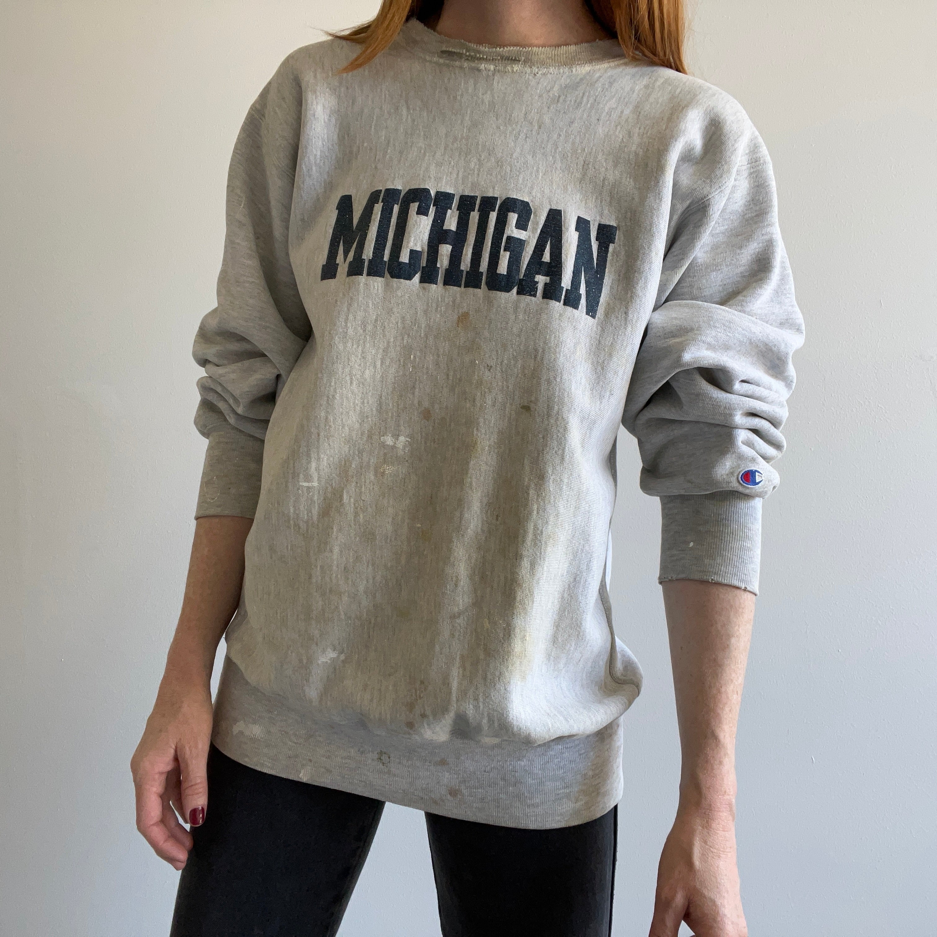 1980/90s Champion Brand Reverse Weave Utterly Beyond Stained Michigan  Sweatshirt - WOAH