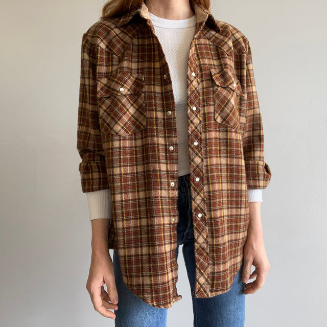 1970s Soft Acrylic Rusty Plaid Cowboy Snap Flannel - So Cozy