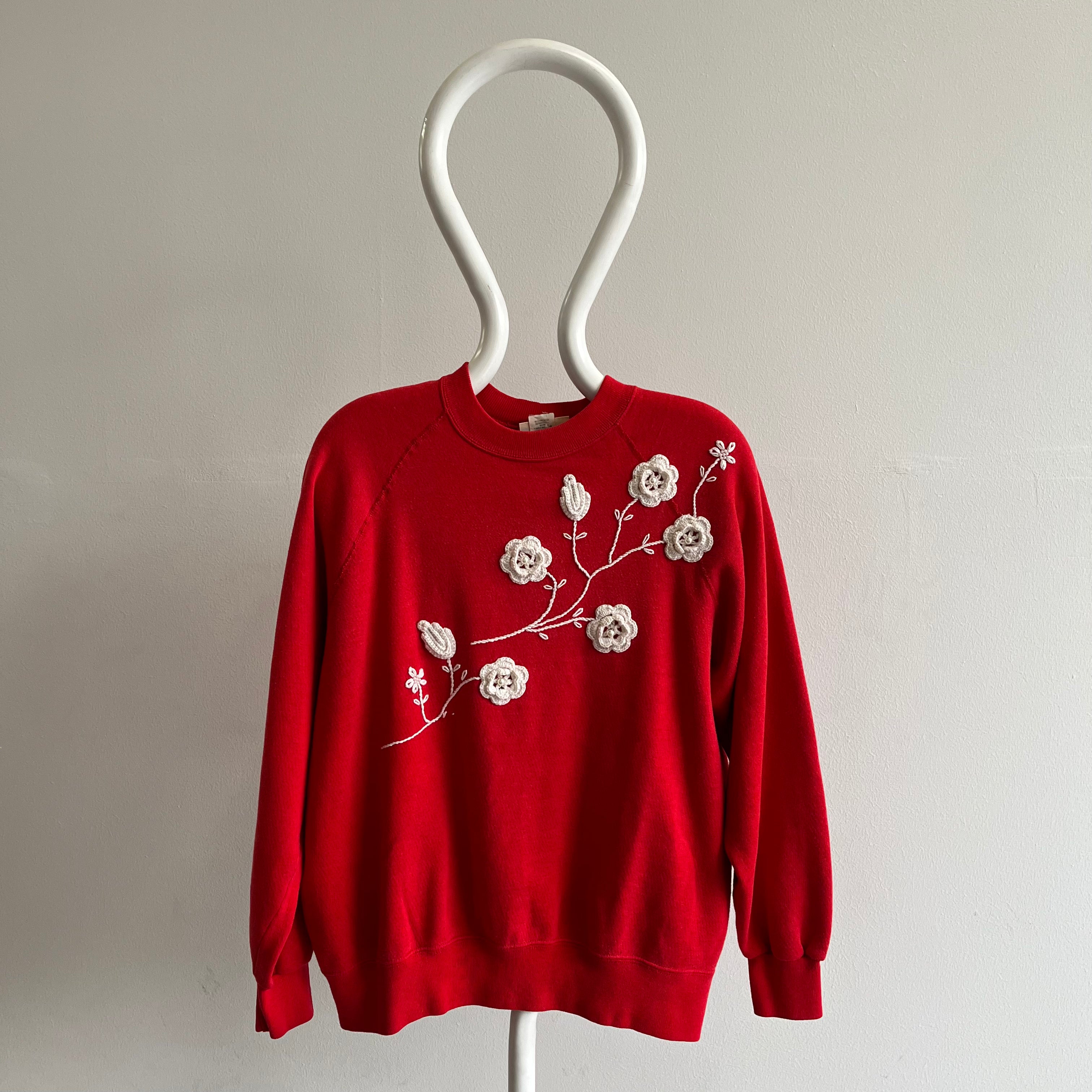1980s Most Delightful Grandma Crocheted Floral DIY Raglan