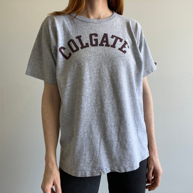 1980s Colgate University Champion Brand T-shirt à col roulé avec trou géant dans le dos