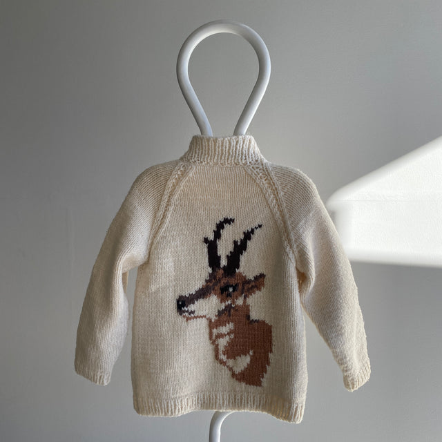 1970s Smaller Sized Cowichan Home Knit Reindeer Sweater