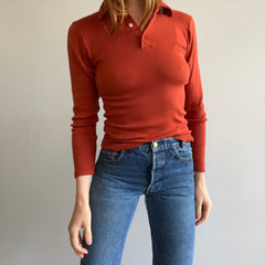 1970s Never Worn Rusty Stretchy Long Sleeve Fitted Polo - WOWOWOW