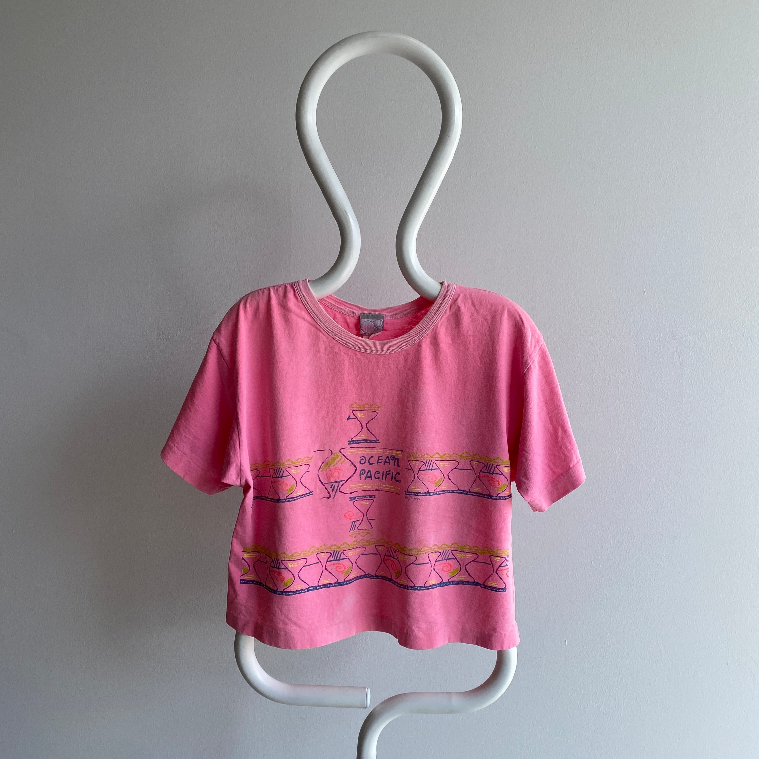 1990 Ocean Pacific Faded Hot Pink Front and Back Slouchy Crop Top