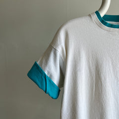1980s Color Block Teal and White Cotton T-Shirt by FOTL