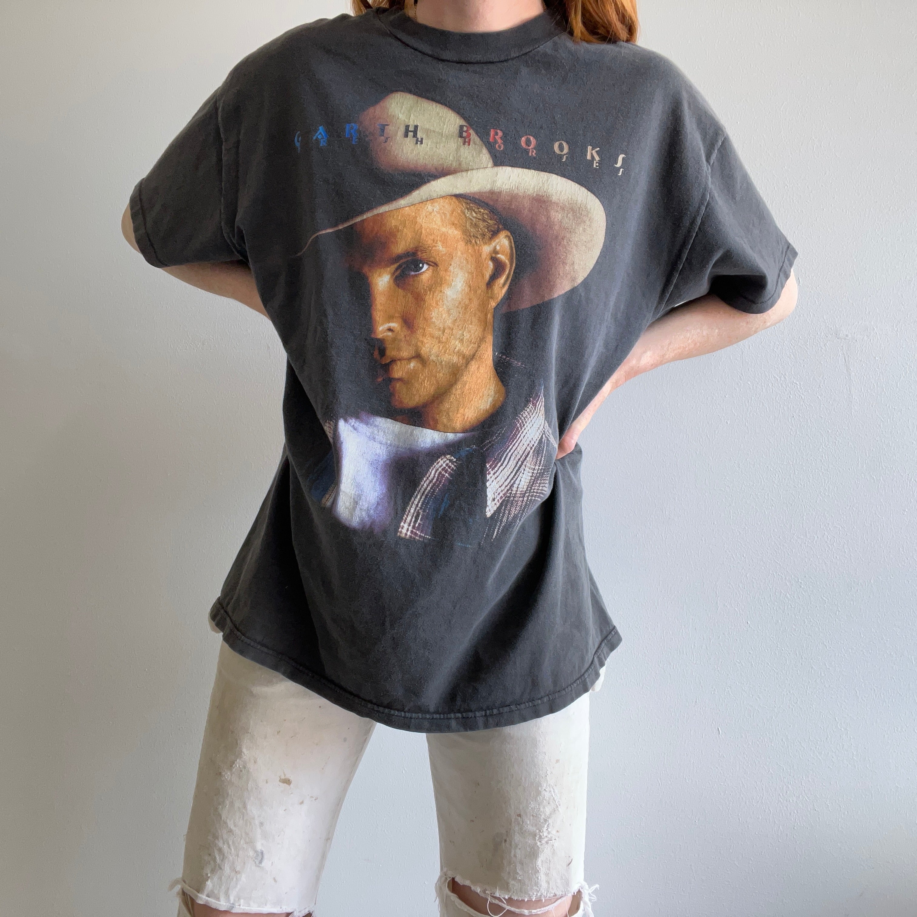 1996 Garth Brooks Giant Head Front and Back T-Shirt - Fresh Horses Tour