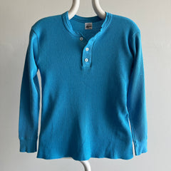 1980s Teal Thermal Waffle Knit Henley with Worn Elbows