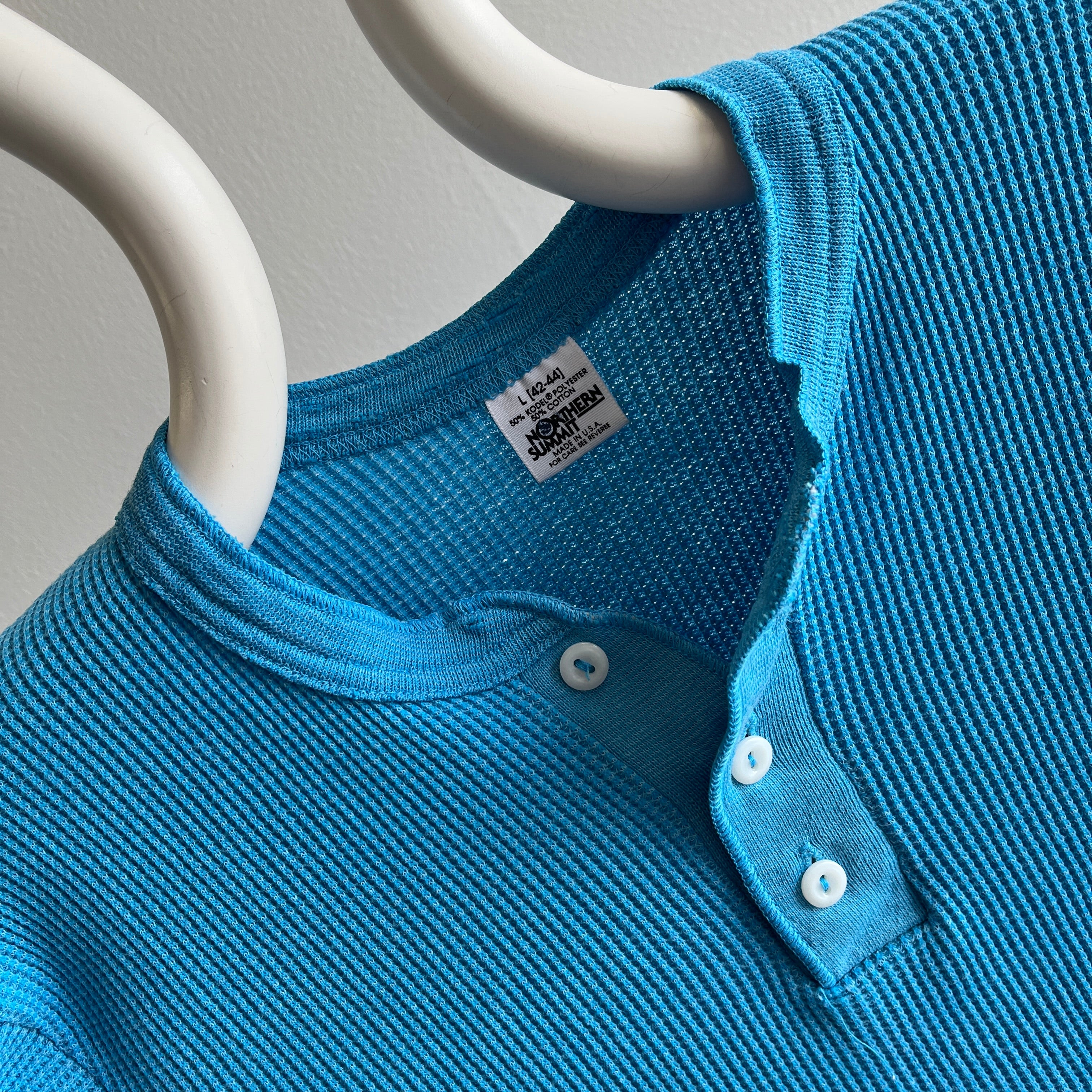 1980s Teal Thermal Waffle Knit Henley with Worn Elbows